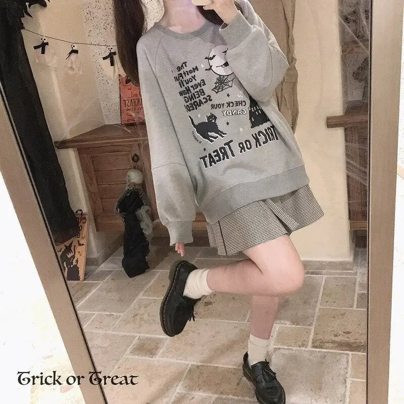 Kawaii Goth Trick or Treat Crewneck Sweater for Year-Round Fun - Shirts & Tops