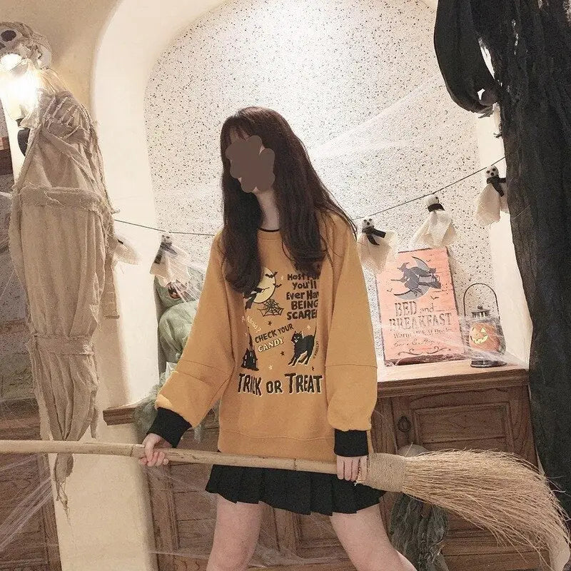 Kawaii Goth Trick or Treat Crewneck Sweater for Year-Round Fun - Shirts & Tops