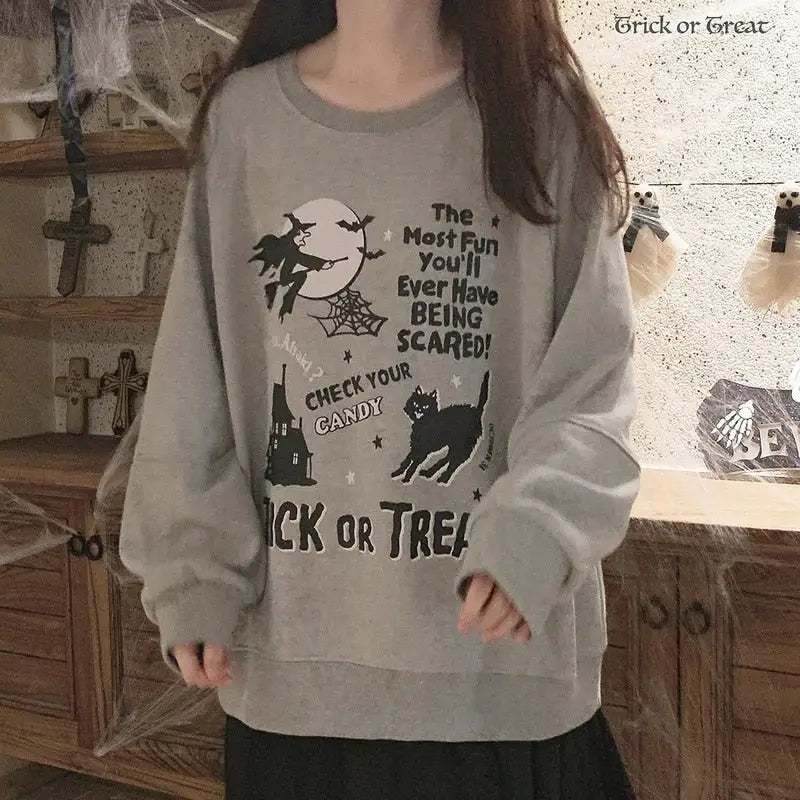 Kawaii Goth Trick or Treat Crewneck Sweater for Year-Round Fun - Shirts & Tops