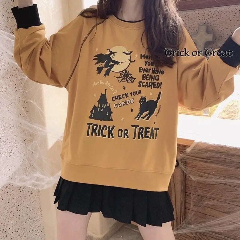 Kawaii Goth Trick or Treat Crewneck Sweater for Year-Round Fun - Shirts & Tops