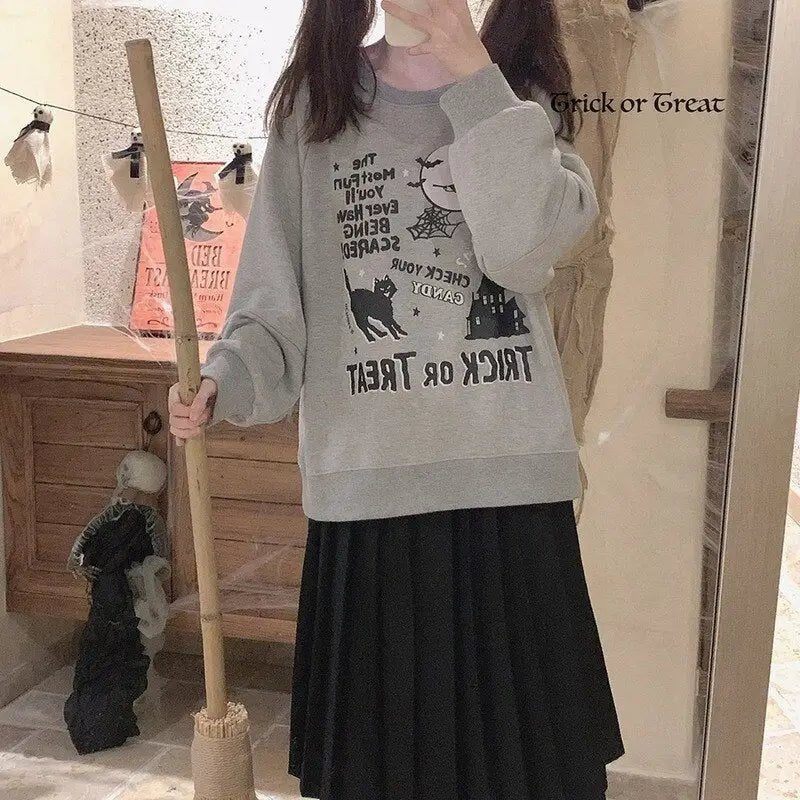 Kawaii Goth Trick or Treat Crewneck Sweater for Year - Round Fun - Cosparty