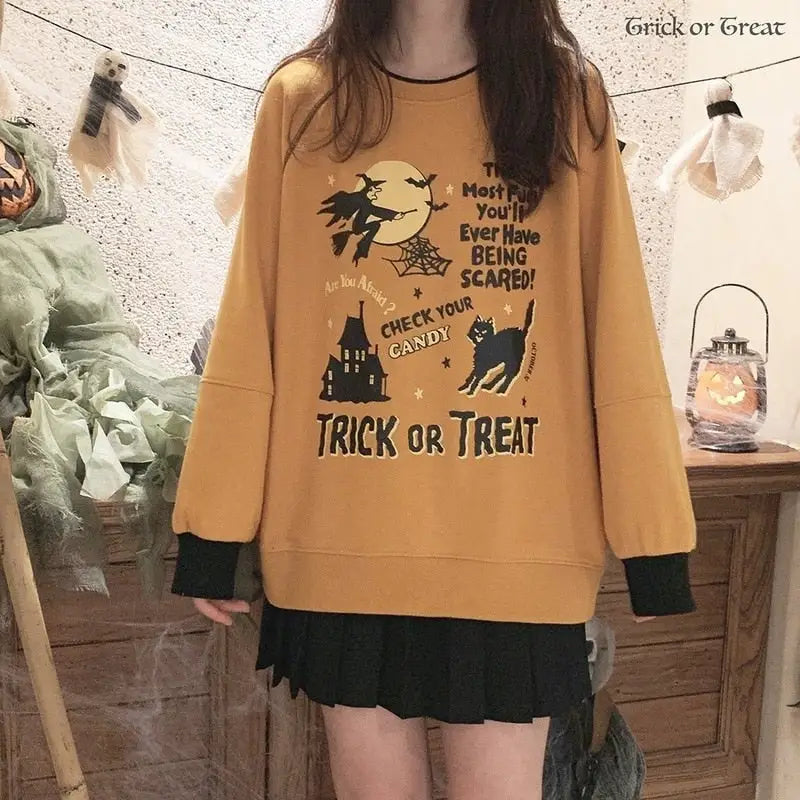 Kawaii Goth Trick or Treat Crewneck Sweater for Year-Round Fun - Shirts & Tops