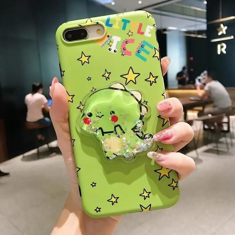 Kawaii Green Dinosaur Apple iPhone Case with Glitter and Stars - phone case