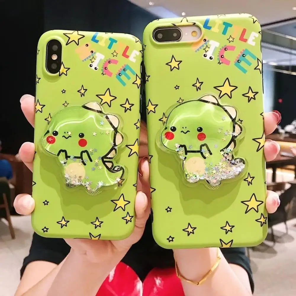 Kawaii Green Dinosaur Apple iPhone Case with Glitter and Stars - phone case