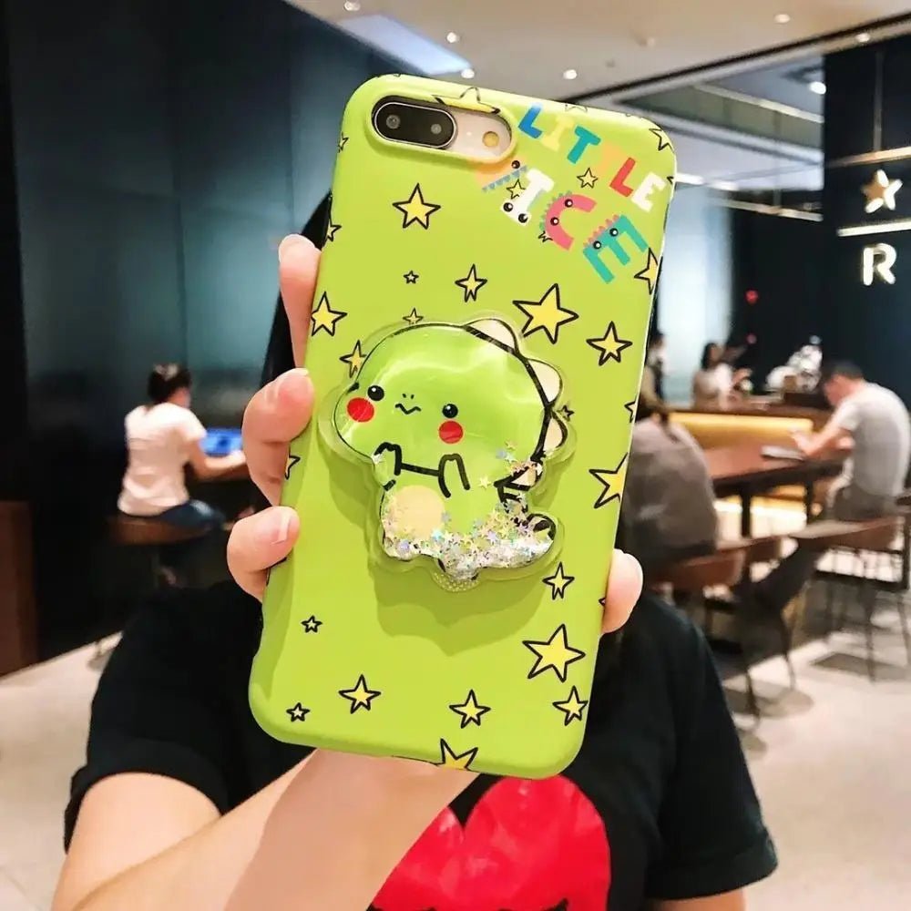 Kawaii Green Dinosaur Apple iPhone Case with Glitter and Stars - Cosparty