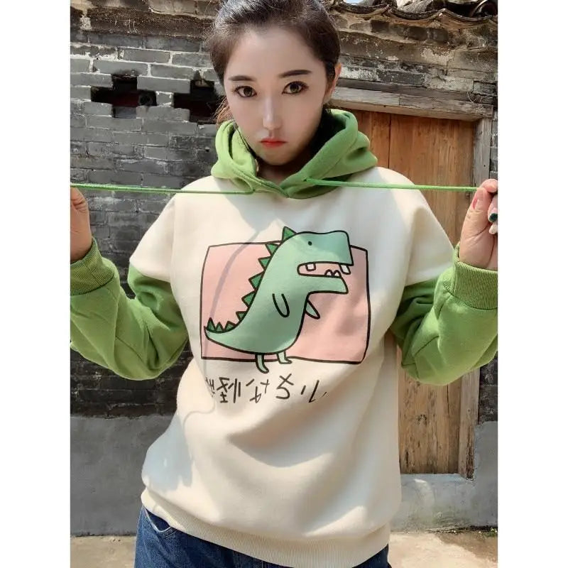 Kawaii Green T-Rex Japanese Dino Hoodie with 3D Spikes in New Condition - sweater