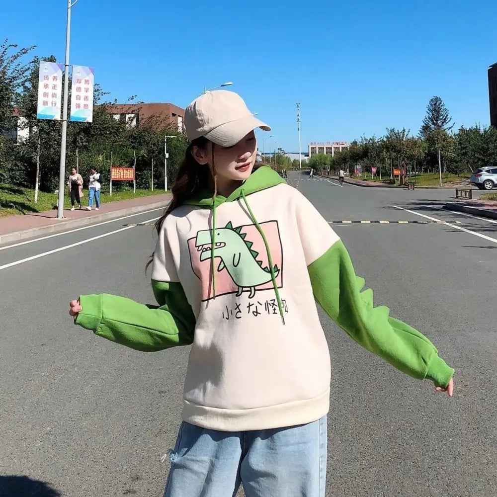 Kawaii Green T-Rex Japanese Dino Hoodie with 3D Spikes in New Condition - sweater