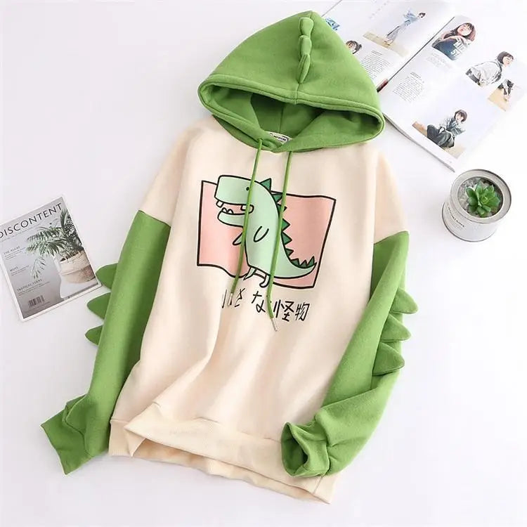 Kawaii Green T-Rex Japanese Dino Hoodie with 3D Spikes in New Condition - sweater