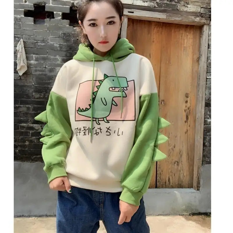 Kawaii Green T-Rex Japanese Dino Hoodie with 3D Spikes in New Condition - sweater