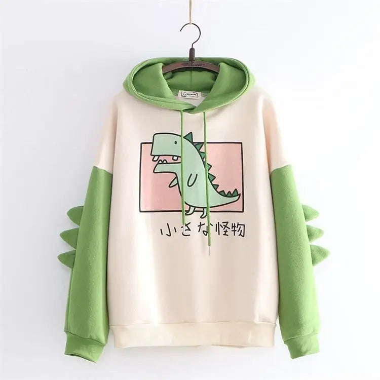 Kawaii Green T-Rex Japanese Dino Hoodie with 3D Spikes in New Condition - sweater