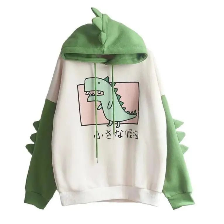 Kawaii Green T - Rex Japanese Dino Hoodie with 3D Spikes in New Condition - Cosparty