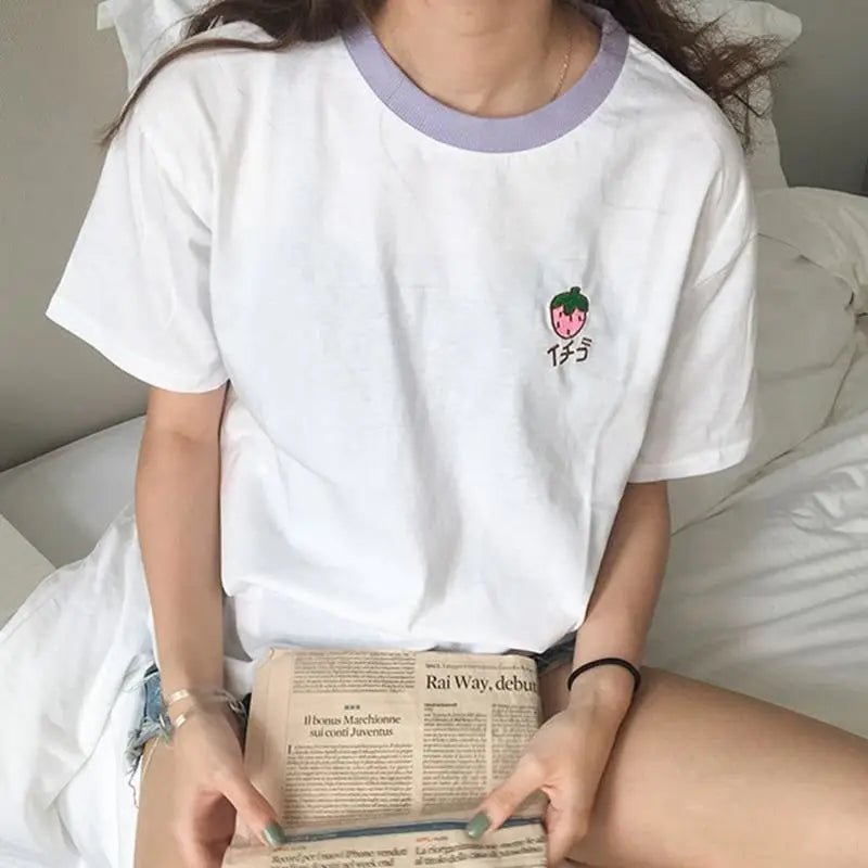 Kawaii Hand Embroidered Korean Fruit Shirts - Cosparty