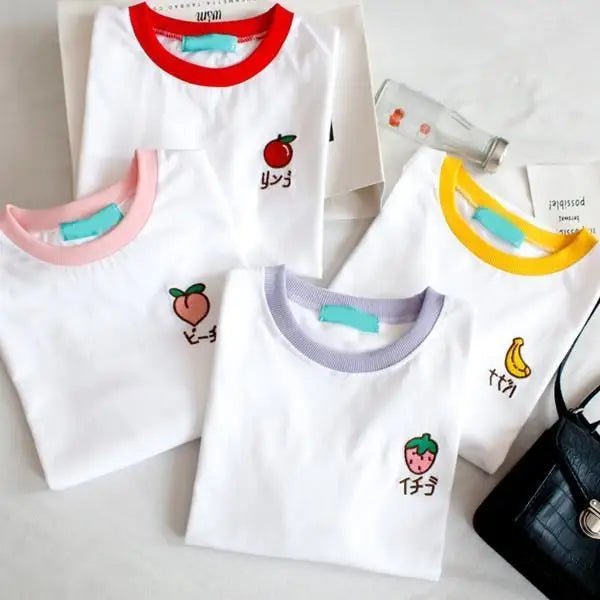 Kawaii Hand Embroidered Korean Fruit Shirts - Cosparty