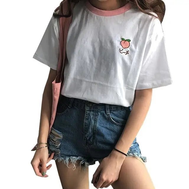 Kawaii Hand Embroidered Korean Fruit Shirts - Cosparty