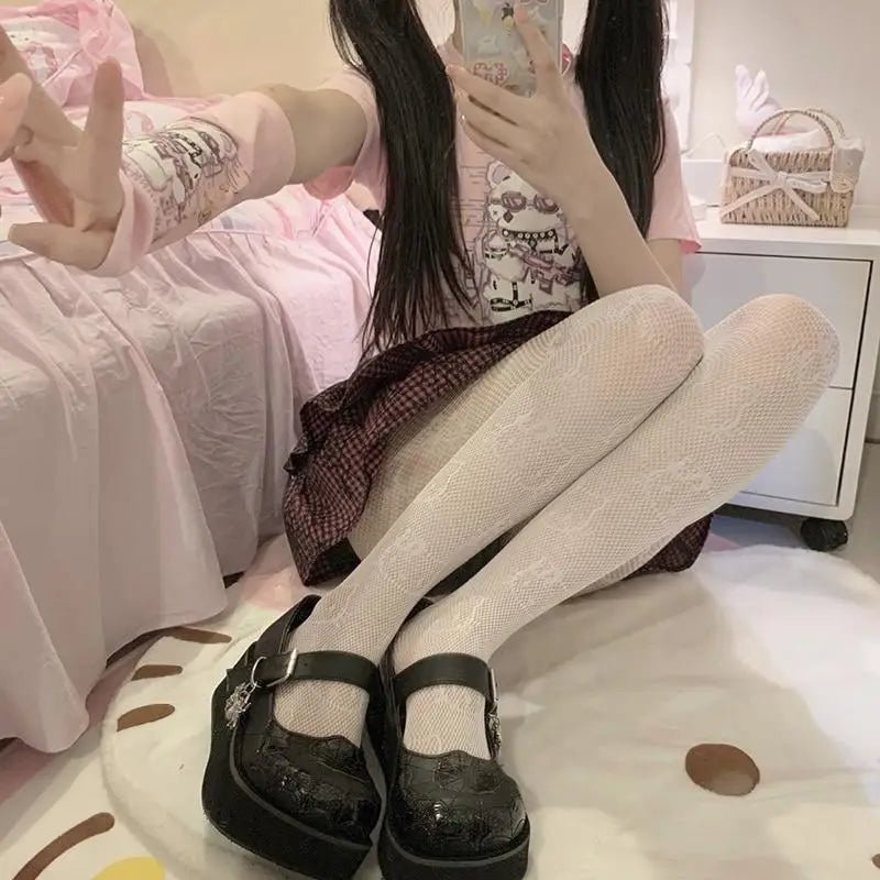 Kawaii Hello Kitty Printed Fishnet Tights for Cospartys and Gothic Style - Cosparty