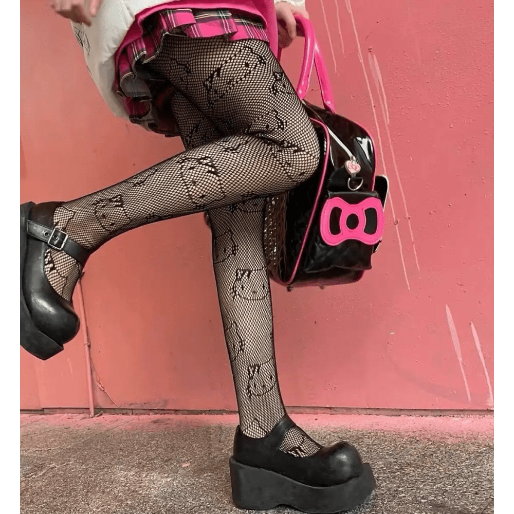 Kawaii Hello Kitty Printed Fishnet Tights for Cospartys and Gothic Style - Cosparty