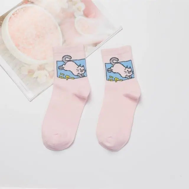 Kawaii Japanese Harajuku Cotton Prehistoric Socks - Pink Cat - socks