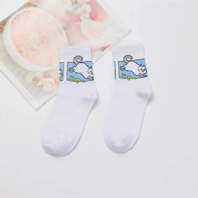 Kawaii Japanese Harajuku Cotton Prehistoric Socks - White Cat - socks