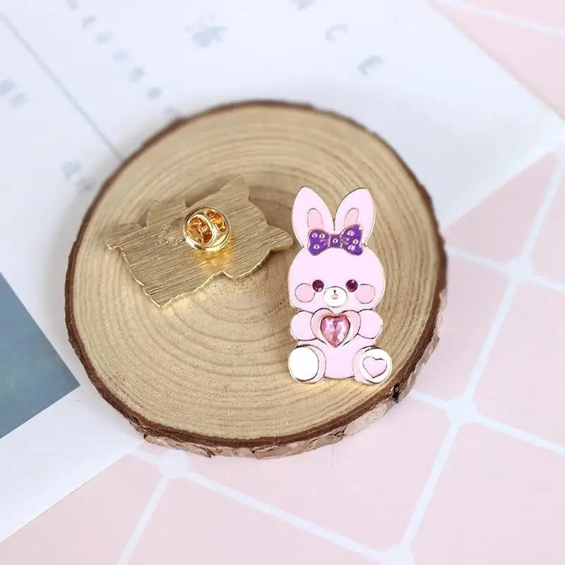 Kawaii Jewel-Embellished Kitten and Bunny Enamel Pins - Pin