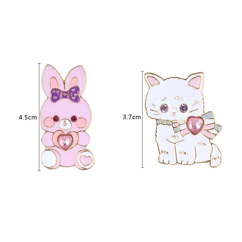 Kawaii Jewel-Embellished Kitten and Bunny Enamel Pins - Pin