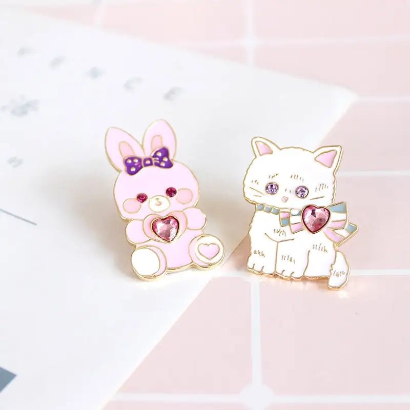 Kawaii Jewel - Embellished Kitten and Bunny Enamel Pins - Cosparty