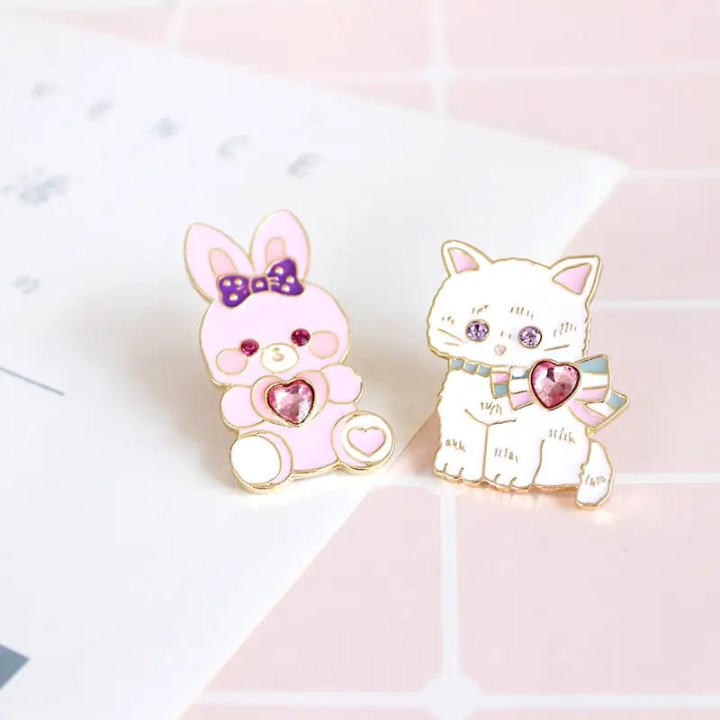 Kawaii Jewel-Embellished Kitten and Bunny Enamel Pins - Pin