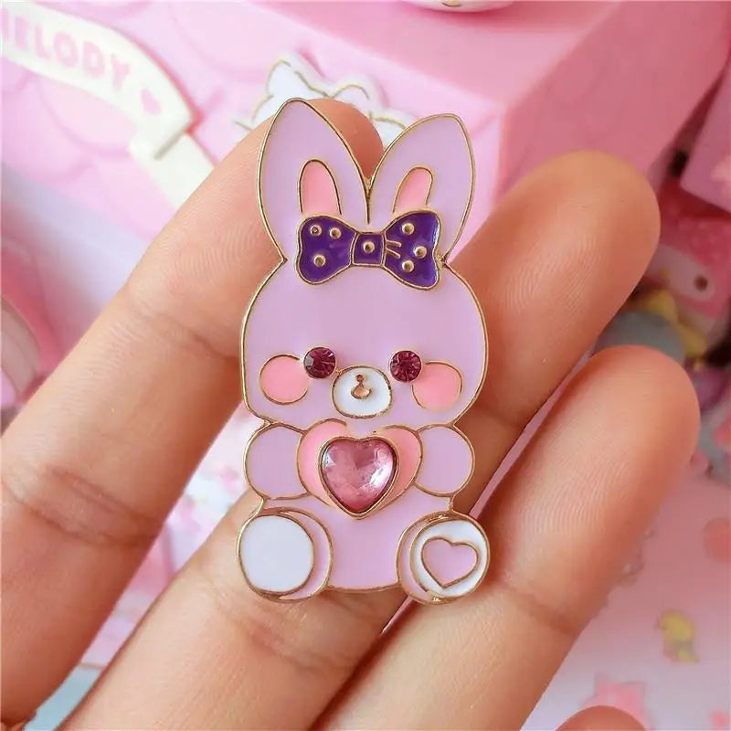 Kawaii Jewel-Embellished Kitten and Bunny Enamel Pins - Bunny - Pin