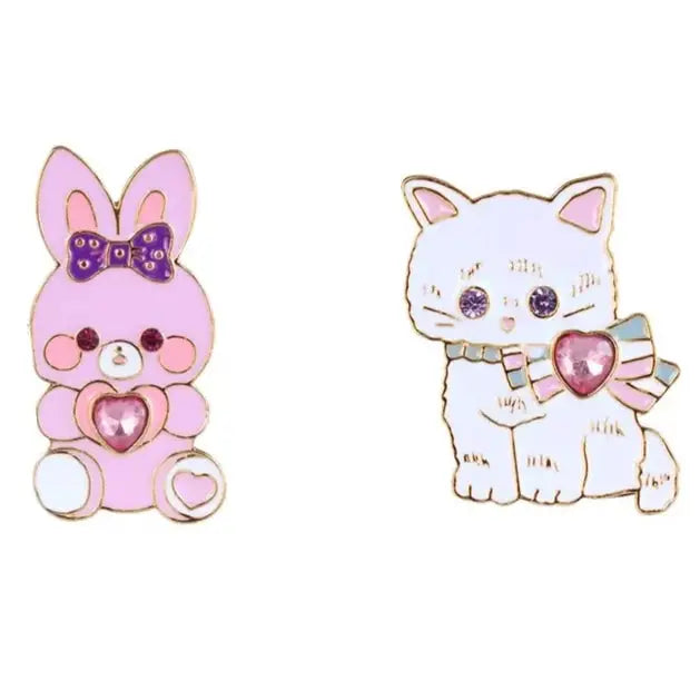 Kawaii Jewel-Embellished Kitten and Bunny Enamel Pins - Pin