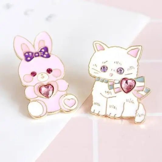 Kawaii Jewel - Embellished Kitten and Bunny Enamel Pins - Cosparty