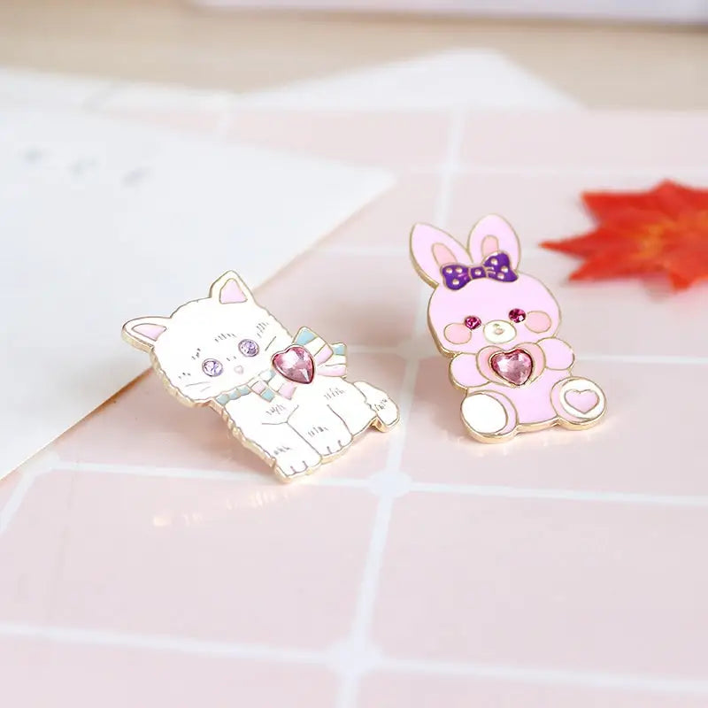 Kawaii Jewel-Embellished Kitten and Bunny Enamel Pins - Pin