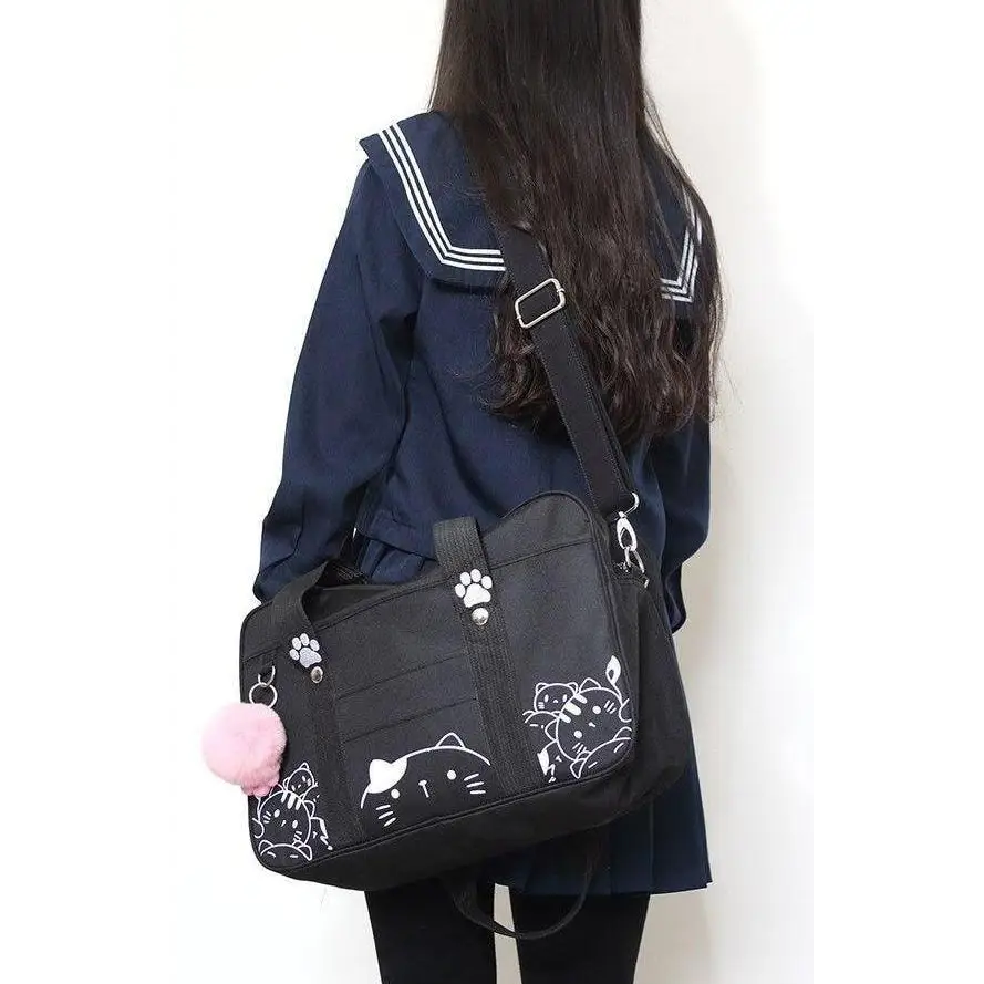 Kawaii Kitten Duffle Bag with Hand Embroidery Cat Paw Details - bags