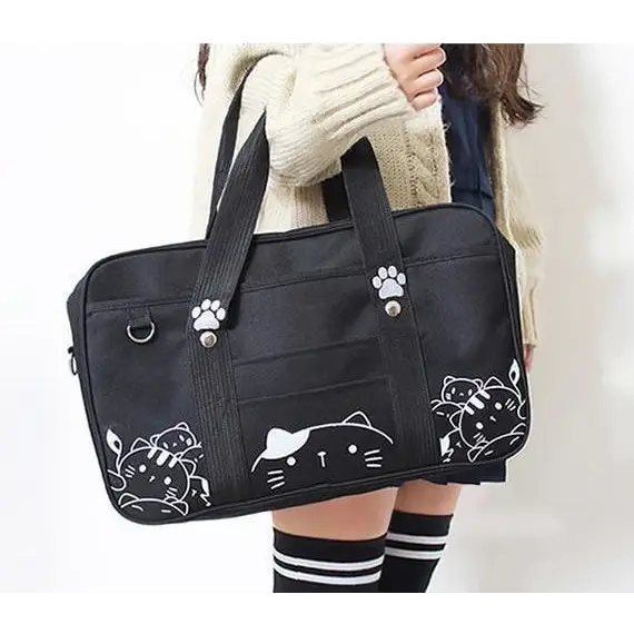 Kawaii Kitten Duffle Bag with Hand Embroidery Cat Paw Details - bags