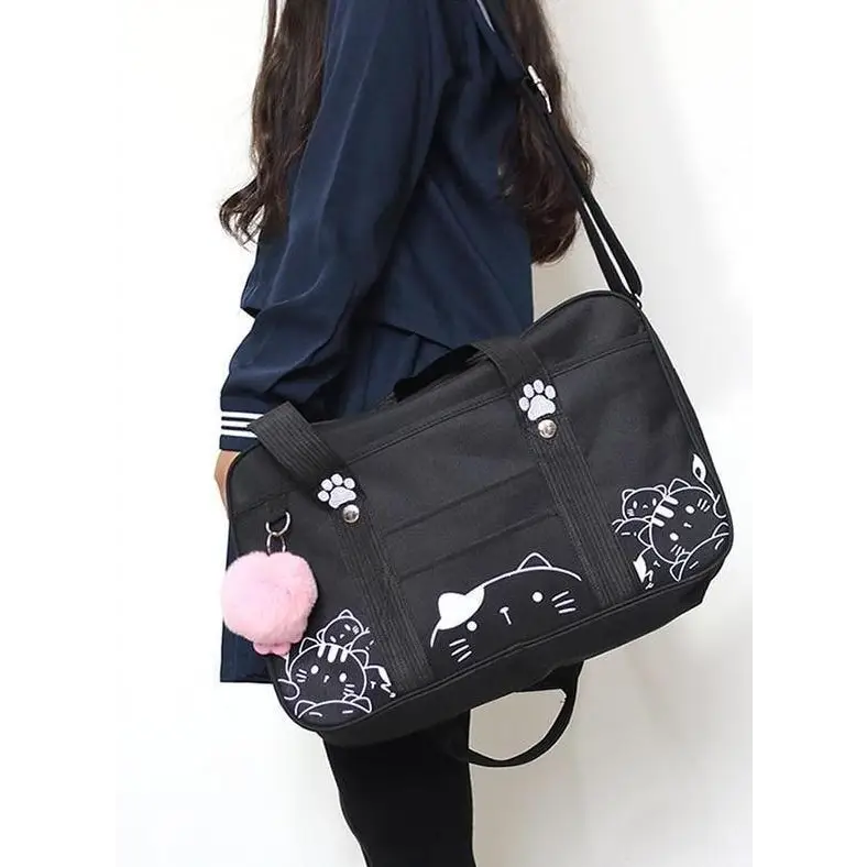 Kawaii Kitten Duffle Bag with Hand Embroidery Cat Paw Details - bags