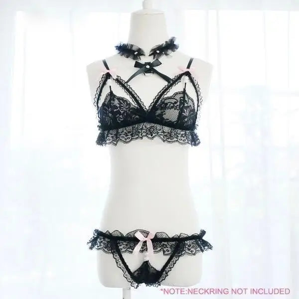 Kawaii Lacey Intimate Wear with Crotchless Panties and Harness - bdsm