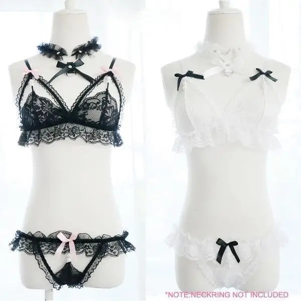 Kawaii Lacey Intimate Wear with Crotchless Panties and Harness - bdsm