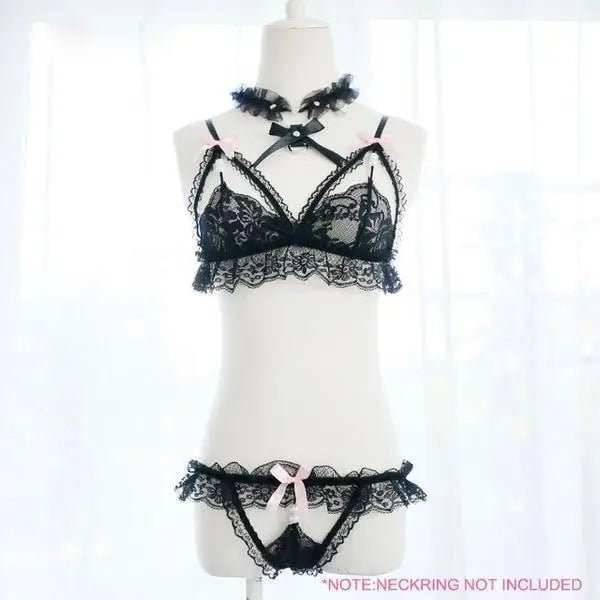 Kawaii Lacey Intimate Wear with Crotchless Panties and Harness - Cosparty