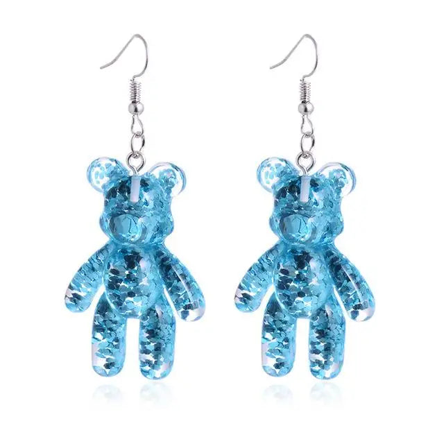 Blue Glitter Resin Bear Dangle Earrings Shimmer Fairy Kei Decora Japan Fashion Kawaii Jewelry