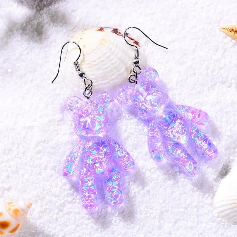 Kawaii Large Bear Earrings in Bright Glittery Colors - earrings