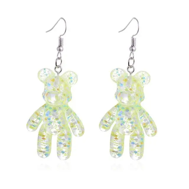 Green Glitter Resin Bear Dangle Earrings Shimmer Fairy Kei Decora Japan Fashion Kawaii Jewelry