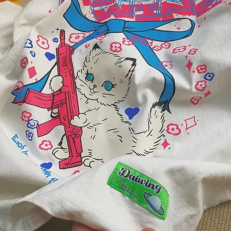 Kawaii Machine Gun Kitten T-Shirt In Stock for Daisy Duck Fans - Cosparty