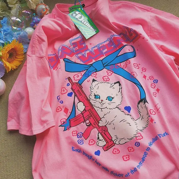 Pretty Military Kitten Tee - Pink / M - aristocat, aristocats, cats, gun, guns