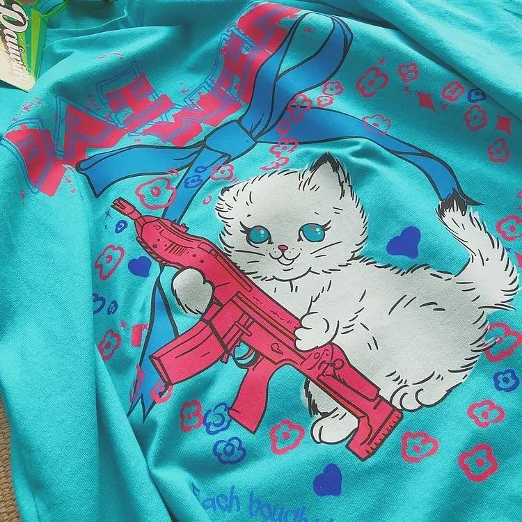Kawaii Machine Gun Kitten T-Shirt In Stock for Daisy Duck Fans - Cosparty