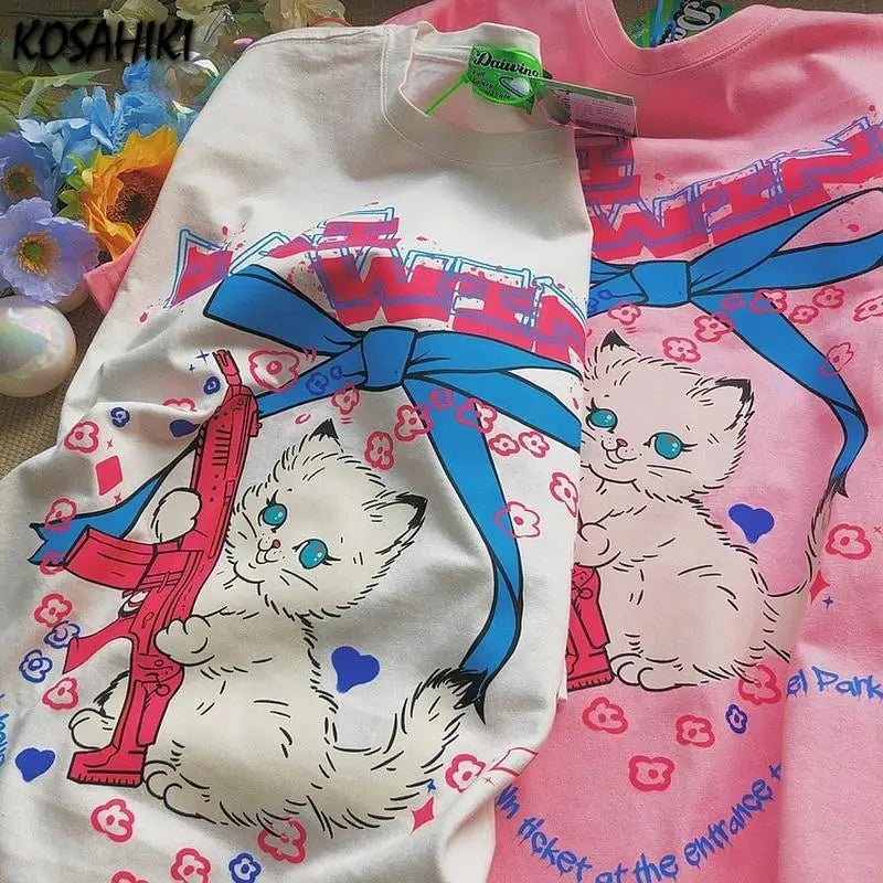 Kawaii Machine Gun Kitten T-Shirt In Stock for Daisy Duck Fans - Cosparty