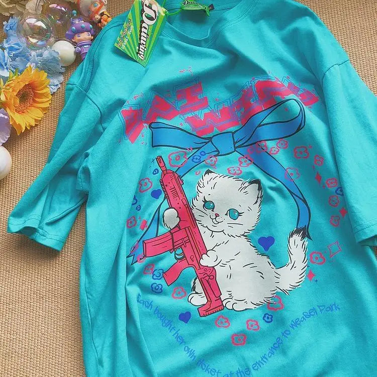 Kawaii Machine Gun Kitten T-Shirt In Stock for Daisy Duck Fans - sweater