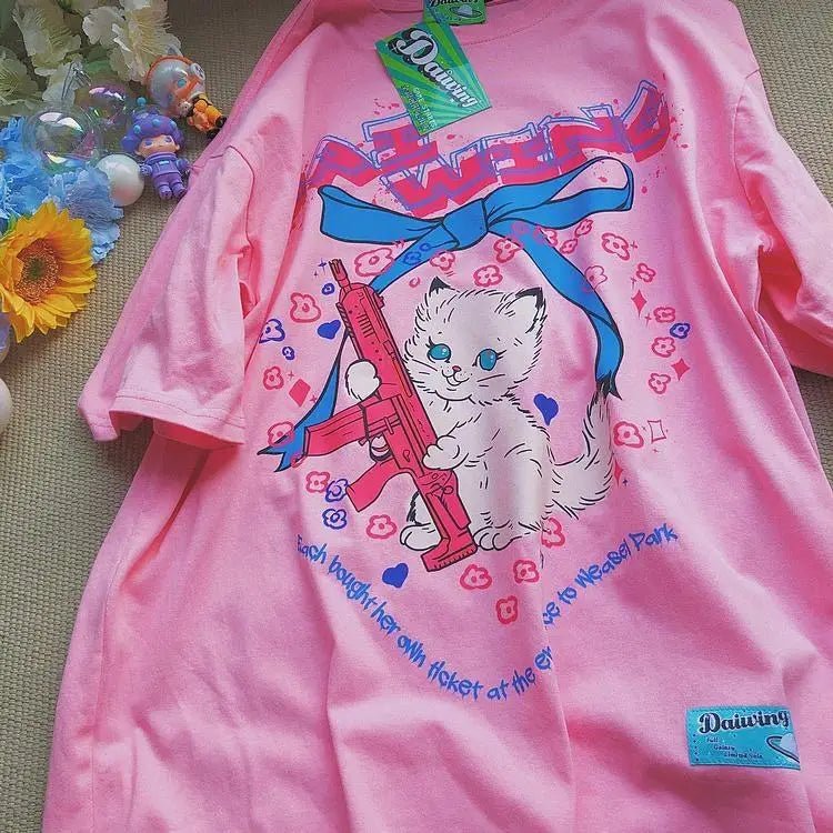 Kawaii Machine Gun Kitten T-Shirt In Stock for Daisy Duck Fans - Cosparty