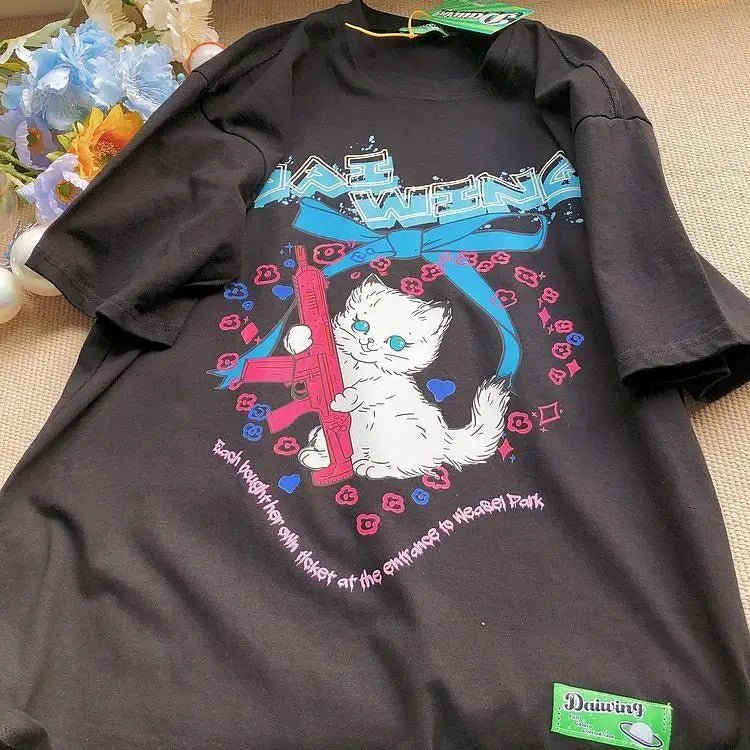 Kawaii Machine Gun Kitten T-Shirt In Stock for Daisy Duck Fans - Cosparty