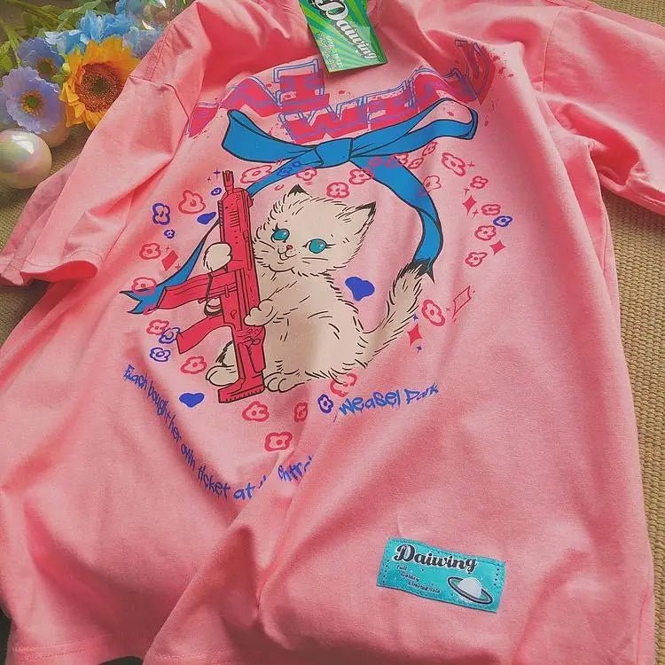 Kawaii Machine Gun Kitten T-Shirt In Stock for Daisy Duck Fans - Cosparty