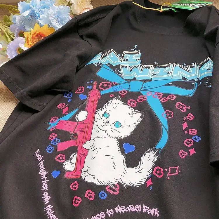Kawaii Machine Gun Kitten T-Shirt In Stock for Daisy Duck Fans - Cosparty