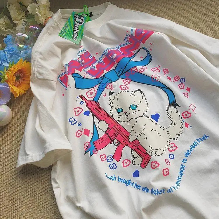 Kawaii Machine Gun Kitten T-Shirt In Stock for Daisy Duck Fans - sweater