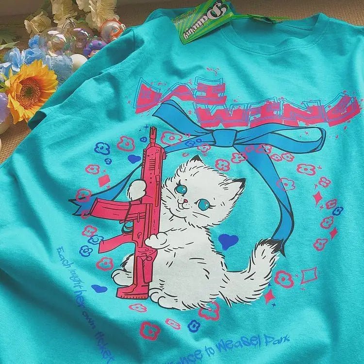 Kawaii Machine Gun Kitten T-Shirt In Stock for Daisy Duck Fans - Cosparty